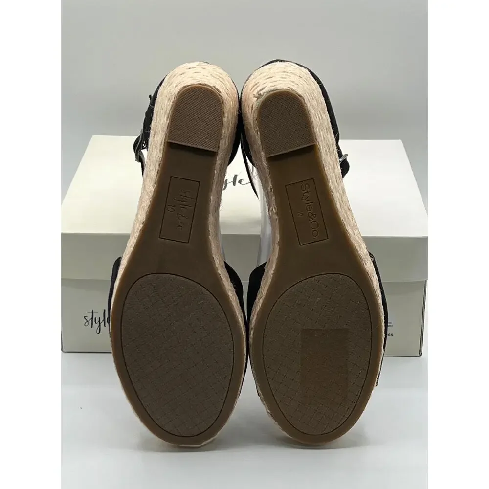 STYLE & CO WOMEN'S SELEENEY FAUX SUEDE WEDGE SANDALS BLACK 10W NEW